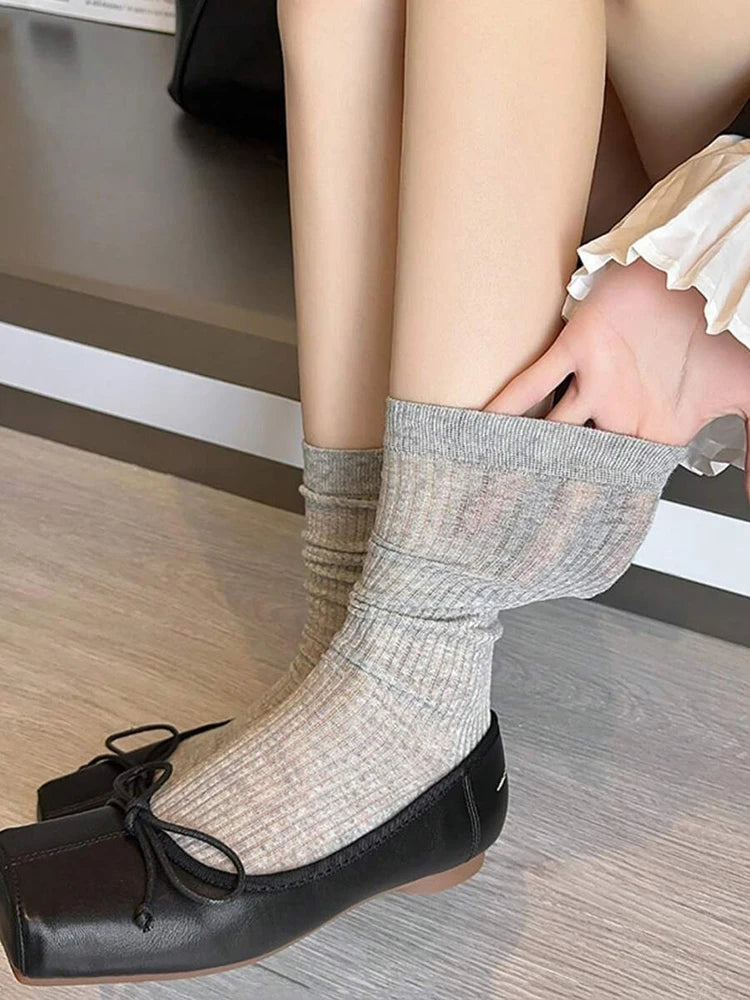 4/8 Pairs Women Solid Color Striped calf Socks Fashion Korean Version Simple Spring Summer Breathable Comfortable Stacking Socks - Matrix Studios