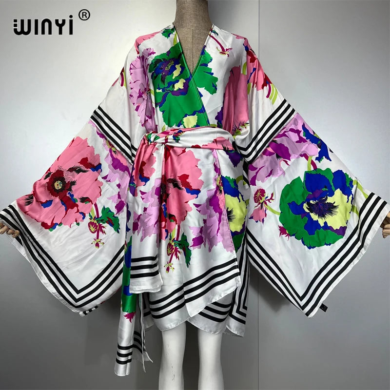 WINYI Summer Beach Outfits Women Swim Suit Cover Up Kaftan Boho Cardigan Stitch Self Belt Sexy Holiday Long Sleeve Print Kimono - Matrix Studios