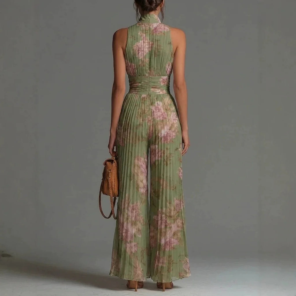 Women Elegant Chiffon Sleeveless Jumpsuit High Waist Pleated Flowy Wide Leg One Piece Overalls Holiday Casual Streetwear Rompers - Matrix Studios