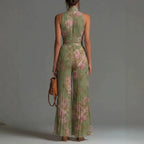 Women Elegant Chiffon Sleeveless Jumpsuit High Waist Pleated Flowy Wide Leg One Piece Overalls Holiday Casual Streetwear Rompers - Matrix Studios