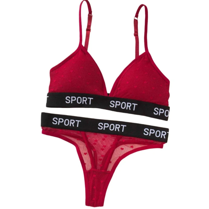 Women Lace Bra And Panties Set Sheer Polka Dot Lingerie Non-wire Bralette Sexy Low Rise Thongs Letter Band Mesh Underwear Set - Matrix-studios.com