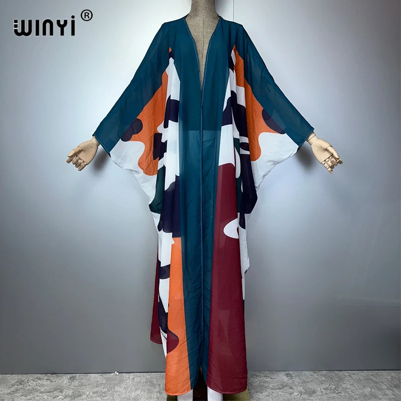 WINYI Africa Bohemia Print Kimonos Loose Dresses for Woman Cardigans Beach Outfits Caftan Beach Cover Up Evening Dress Maxi Coat - Matrix Studios