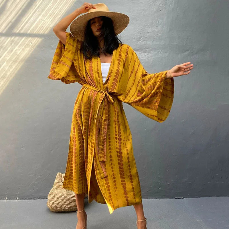 Long Kimono Swimsuit Cover up for Women Stylish Tie Dye Open Front Beach Outfits Bathing Suit - Matrix Studios