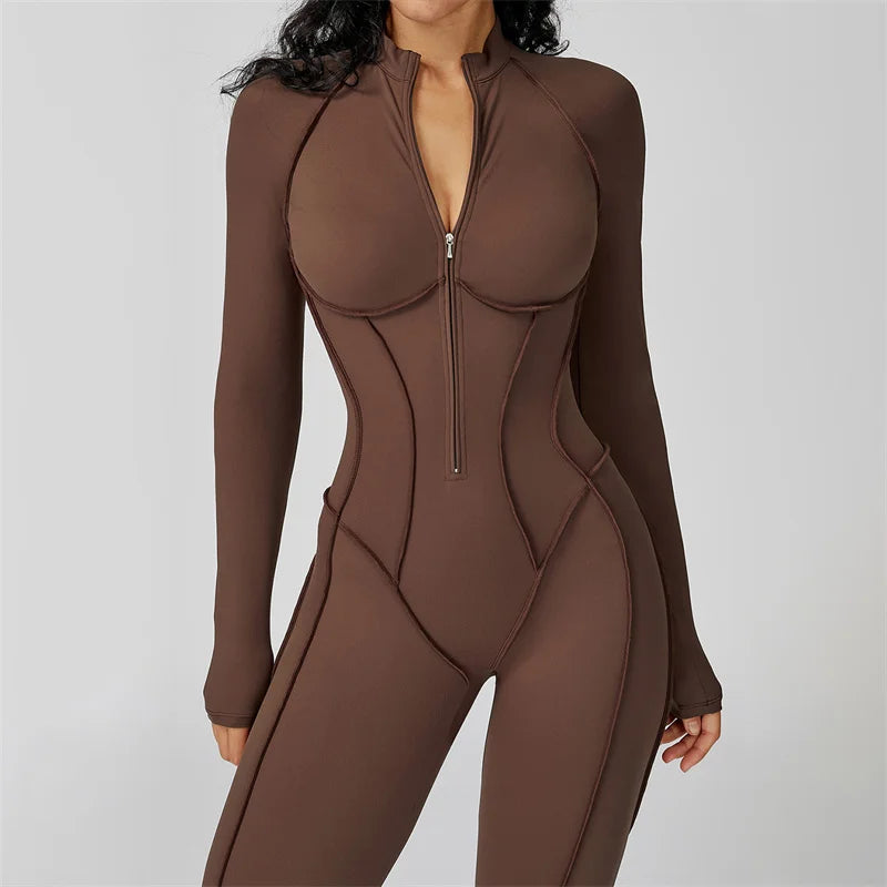 TRY TO BN Gym Jumpsuit Half Zipper Sports Stripe Fitness Bodysuit One-Piece Workout Activewear Tights Woman Suits Yoga Clothing - Matrix Studios