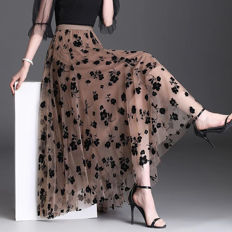 Korean Women Tulle Skirt Fashion Summer Hook Floral Loose Midi Skirt Elegant Female Casual All Match Mesh Skirts New - Matrix-studios.com