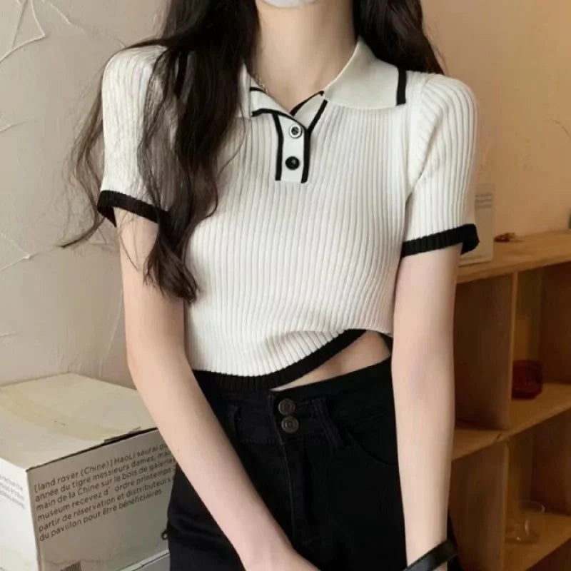 Contrast Color Polo Collar Shoulder Knitted Short Sleeves T-shirt Women's Summer Slim-Fitting Design Sense Niche Short Tops - Matrix-studios.com