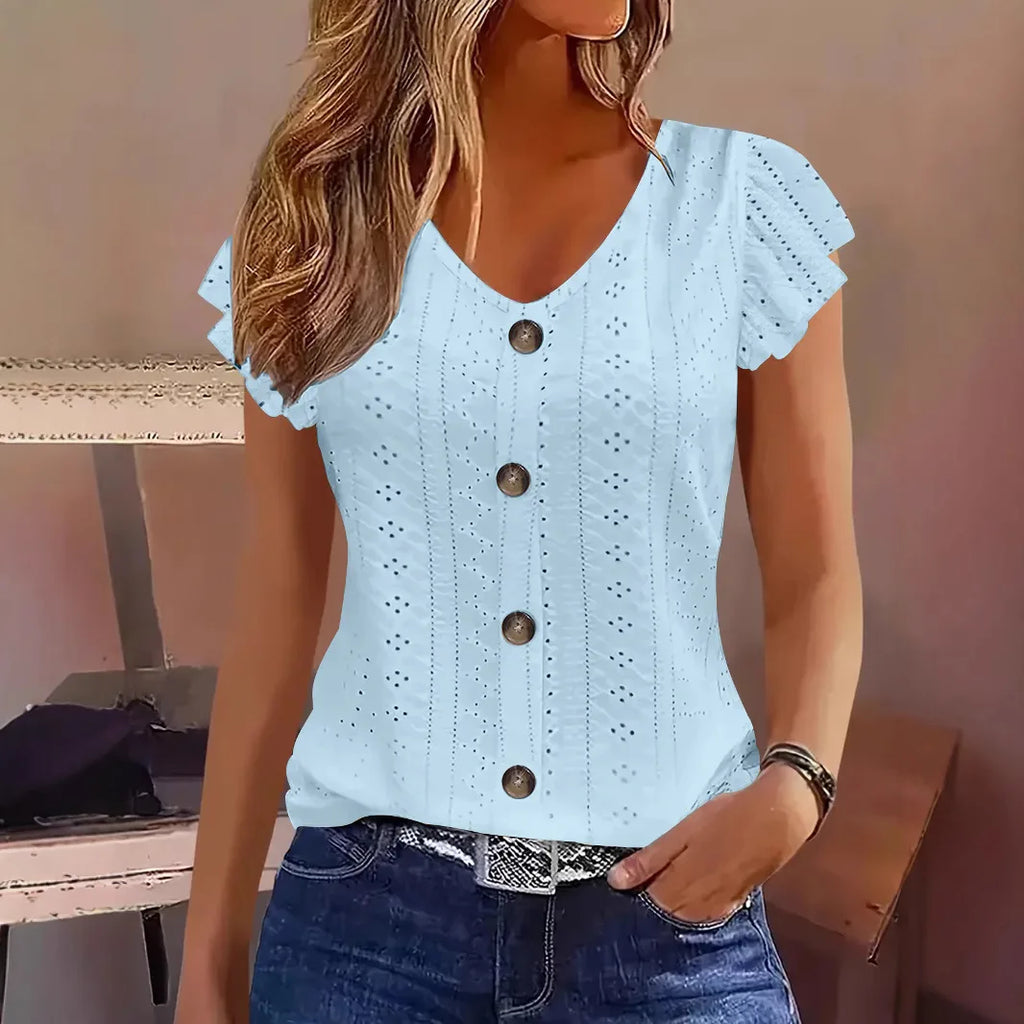 2025 Women's Sexy Tops Casual Solid Color V Neck Short Sleeve Shirts Summer Women's Button Casual Ladies Loose Fashion Blouses - Matrix-studios.com