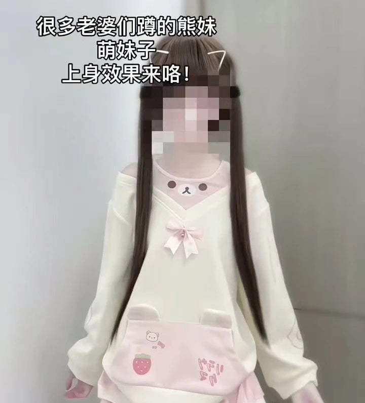 Japanese Kawaii Sweatshirts Women Autumn Sweet Bow Casual Off Shoulder Hoodies Design Elegant Lolita Tops Patchwork Coat - Matrix Studios