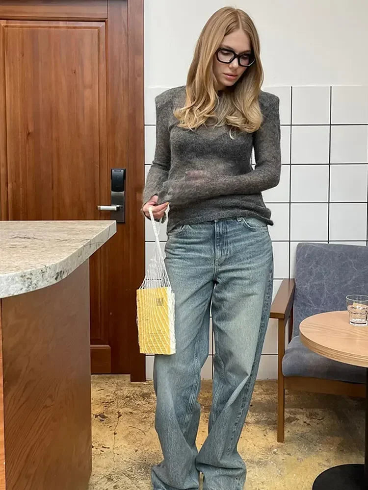 2026 New Fashion Solid Round Neck Thin Knitted Sweater Elegant Long Sleeve Bodycon Pullover Autumn Lady Commuting Street Outwear - Matrix Studios
