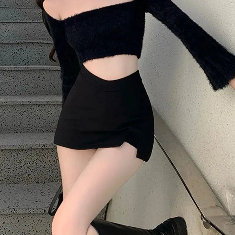 Black Split Mini Skirts Women Summer Sexy Club High Waist Slit Skirt Streetwear Korean Party Fashion Irregular Slim A Line Skirt - Matrix-studios.com