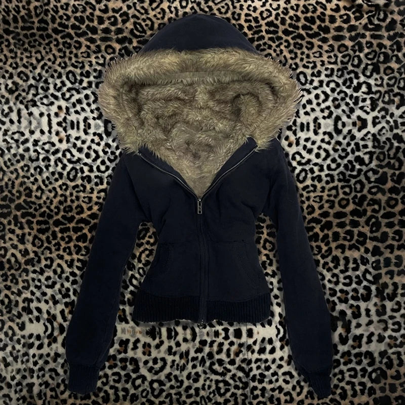 Y2K Harajuku Gothic Women's Hoodie Sexy Slim Chic Suede Fur Collar Letter Print Cardigan Sweatshirt Aesthetic Female Streetwear - Matrix Studios
