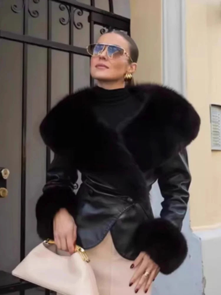Black Fur Collar Leather Jacket Women Chic Solid Full Sleeves Waist Cinching V-neck Short Coat 2026 Lady High Street Outerwear - Matrix Studios