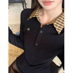 Polo Neck Plaid Patchwork Embroidery T Shirts Spring Autumn Fake Two-piece Slim High Street Tops Fashion Casual Women Clothing - Matrix-studios.com