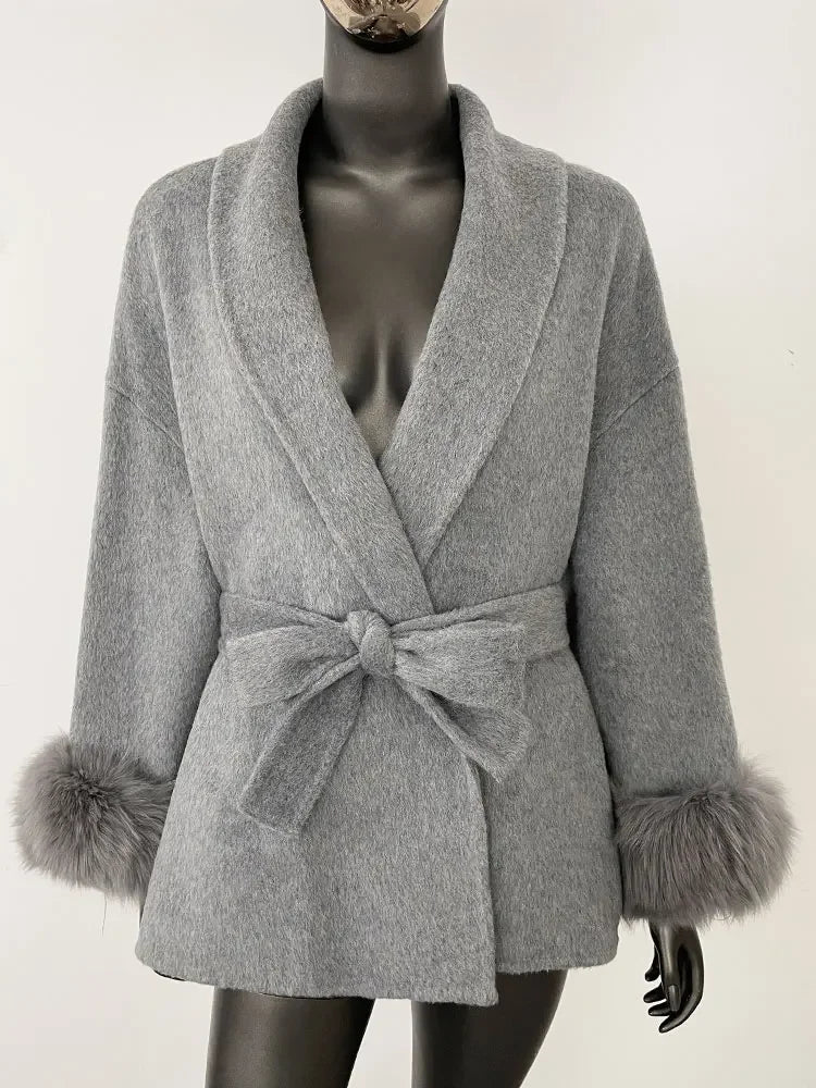 OFTBUY Oversize Loose Autumn Winter Women Coat Real Natural Fox Fur V-neck Woolen Blends Jacket Thick Warm Casual New Overwears - Matrix Studios