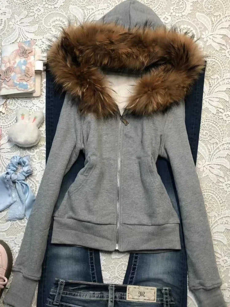 American Vintage Pink Furry Hoodie Women Y2K Harajuku Faux Fur Collar Jacket Fashion Slim Waist Belted Hot Girl Sweatshirt New - Matrix Studios