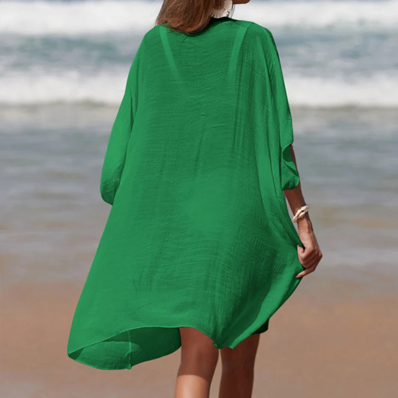 Holiday Crochet Knitted Beach Cover-Ups Dress Splicing Loose Dress Solid Color Beachwear transparent Sunscreen Sexy Beach Smock - Matrix Studios