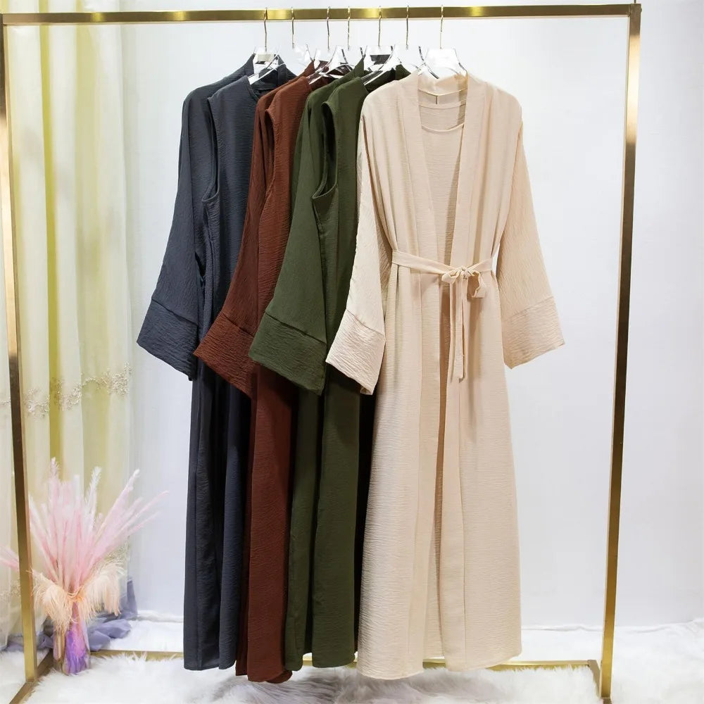 2pics Muslim Sets Muslim Jilbab Two Pieces Women Out Abaya Loose Cardigan Coat Sleeveless Inner Dress Prayer Clothing with Belt - Matrix-studios.com
