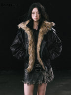 Nerazzurri Autumn Winter Loose Casual Quilted Warm Pu Leather Jacket Women with Detachable Faux Fur Collar Luxury Unisex Clothes - Matrix Studios
