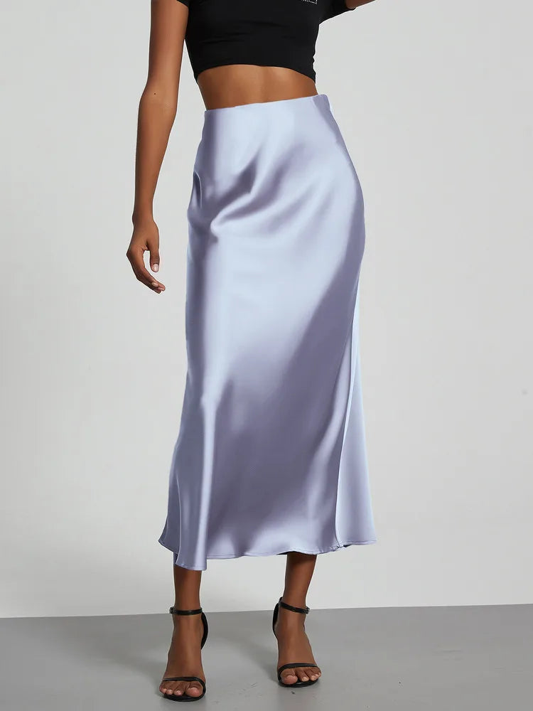 21 Colors New 2026 Women's Elegant High Waist Satin Long Skirts Female Summer Solid Color Faldas - Matrix-studios.com