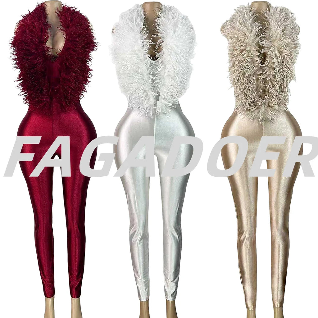 FAGADOER Winter New Sexy Fur Patchwork Bodycon Jumpsuits Woman Halter Deep V-neck Sleeveless Rompers Female Streetwear Overalls - Matrix Studios