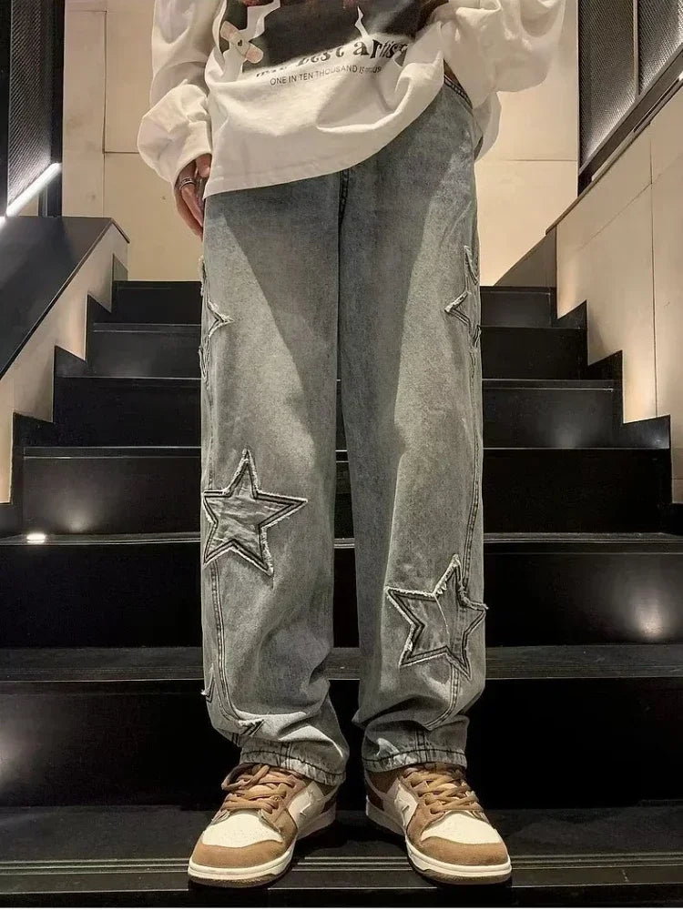 Star Embroidered Straight Casual Men's Jeans Y2K Gothic Unisex New Wide-leg Loose, Comfortable Fashionable Youth Street Jeans - Matrix Studios