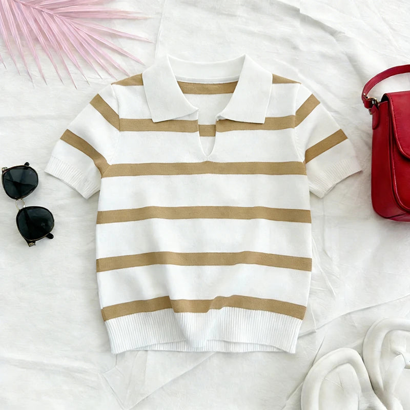 Red White Striped Summer Knit Polo Top Women's Short Sleeve Collared Shirt Lightweight Elastic Casual Daily Knitted Blouse Tee - Matrix-studios.com