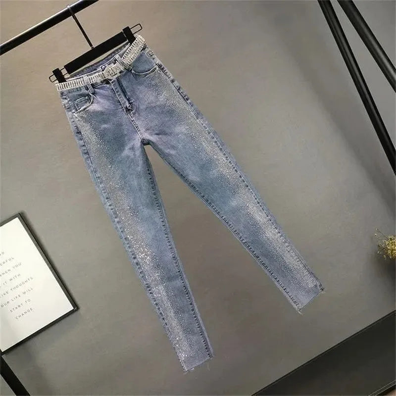 Oversized 5XL High Waist Elastic Skinny Jeans Women New Slim Vintage Diamonds Pencil Trousers Casual Ankle-length Denim Pants - Matrix-studios.com