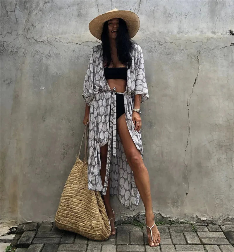 Women Plus Size Long Cover up Bikini Coverups Kimono Tie Front Bathing Suit Swimsuit Beachwear - Matrix Studios
