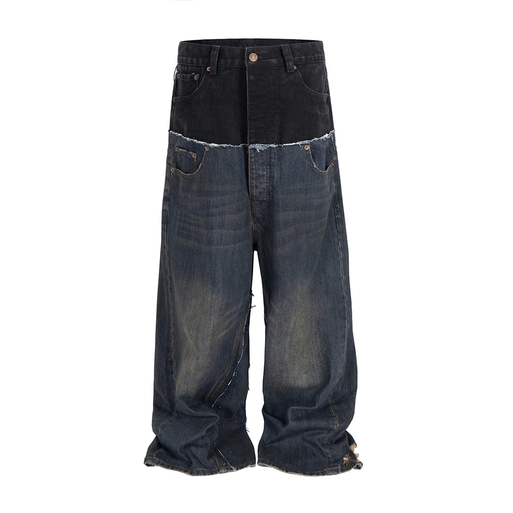 CUT-UP Double-layer Double Waist Patchwork Baggy Jeans for Men and Women Straight Casual Loose Denim Trousers Oversized - Matrix Studios