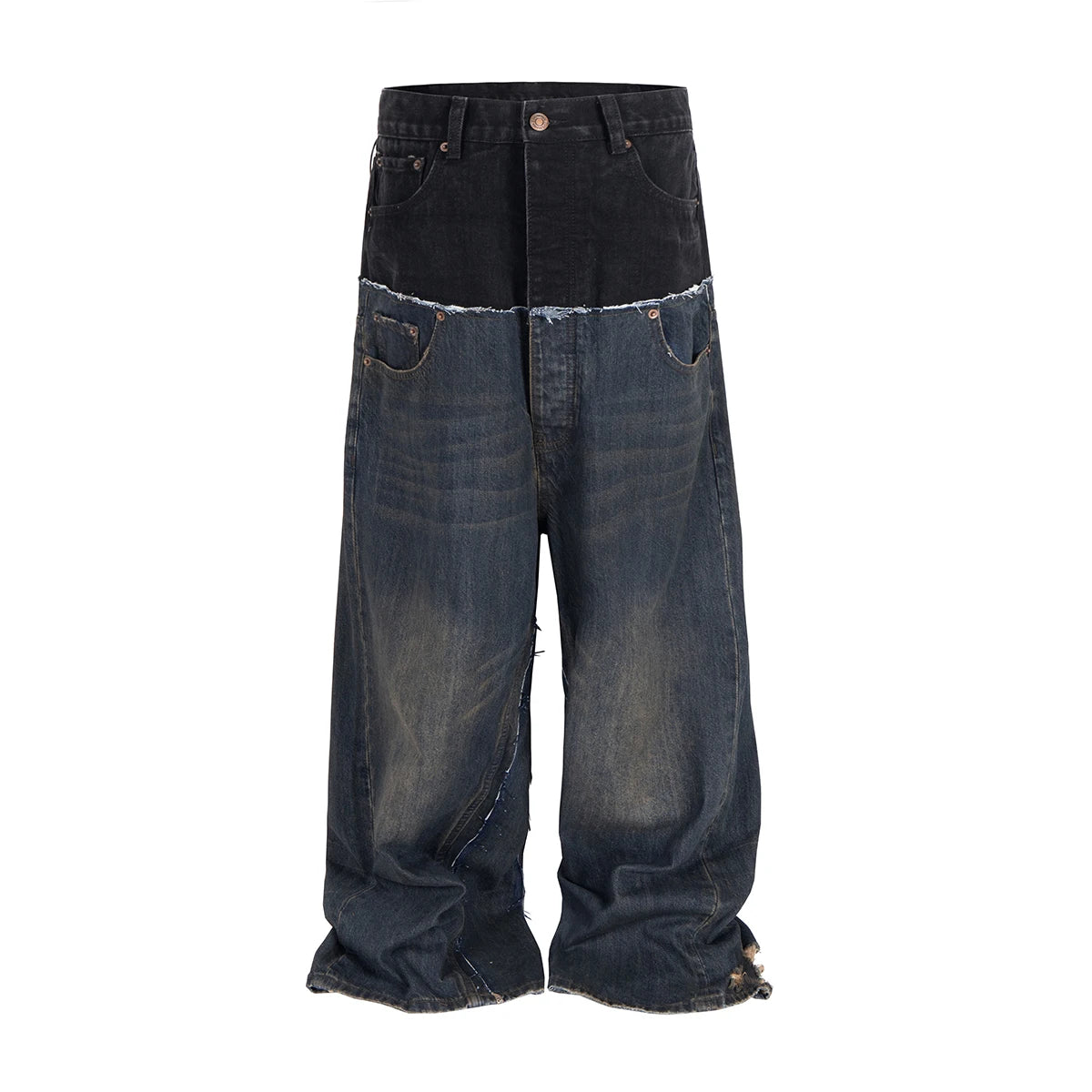 CUT-UP Double-layer Double Waist Patchwork Baggy Jeans for Men and Women Straight Casual Loose Denim Trousers Oversized - Matrix Studios