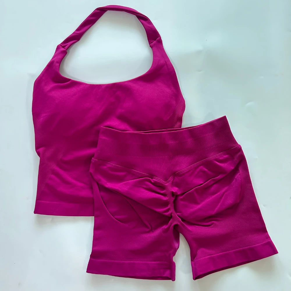 No Logo 2 Pieces Gym Set Women Backless Halter Tops High Waist Seamless Shorts Gym Suit Fitness Clothes Sportswear Workout Sets - Matrix-studios.com