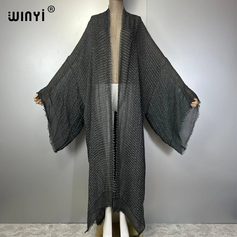 WINYI Geometric Print Kimono Kaftan Beachwear Cardigan Evening Dress Abaya Dubai Luxury Cover-Ups Beach Outfits Women Long Dress - Matrix Studios