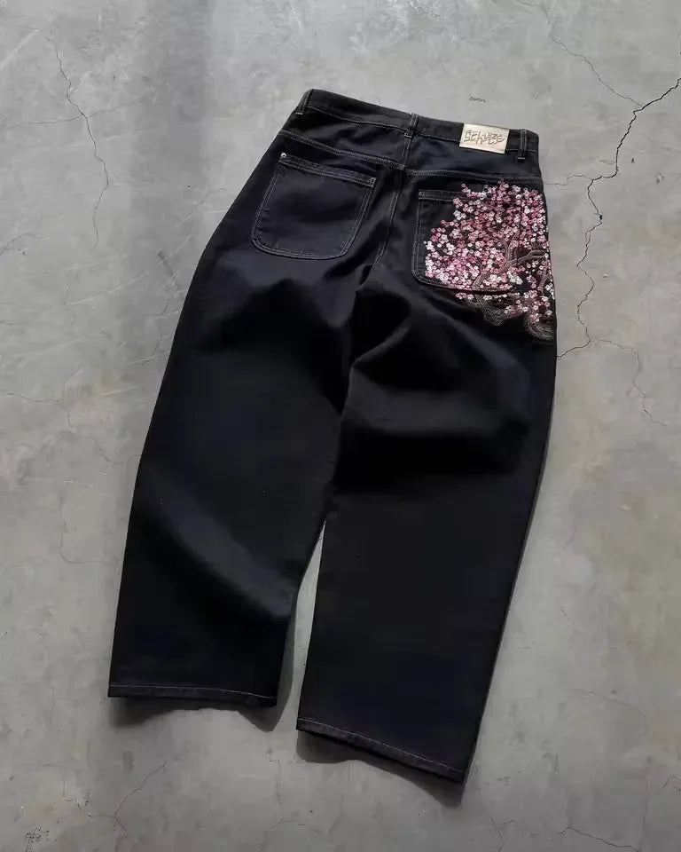 Y2K Vintage Low Waist Hip Hop Cherry Blossom Embroidered Jeans  Wide Leg Trousers Clothes Mens Embroidered Baggy Jeans Womes - Matrix Studios