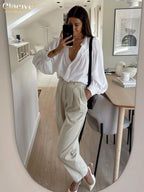 Clacive Casual Loose White Cotton Women's Blouse 2025 Fashion Stand Collar Long Sleeve Shirt Elegant Classic Solid Top Female - Matrix-studios.com