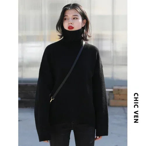 CHIC VEN Korean Women's Sweater Loose Turtleneck Sweaters Warm Solid Pullover Knitwear Basic Female Tops Autumn Winter 2022 - Matrix Studios
