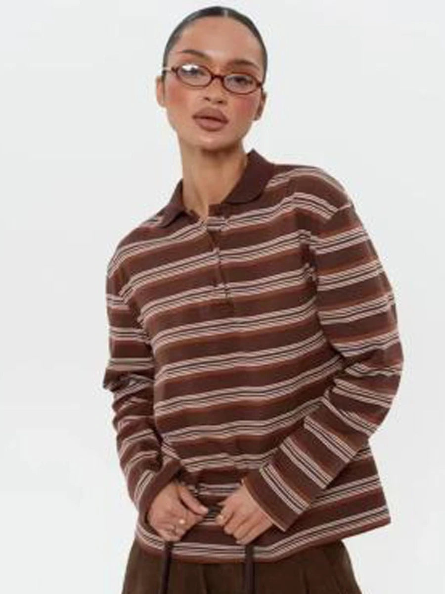 Wolfeel  Women's Vintage Inspired Retro Striped Polo Collar Oversized Drop Shoulder Long Sleeve  T-Shirt Trendy  Casual Top - Matrix-studios.com