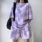 Women T-Shirt Shorts Suit Set Casual Tie Dye Loose Tshirt and Wide Leg Middle Shorts with Pockets Female Soft Summer Shorts Sets - Matrix-studios.com