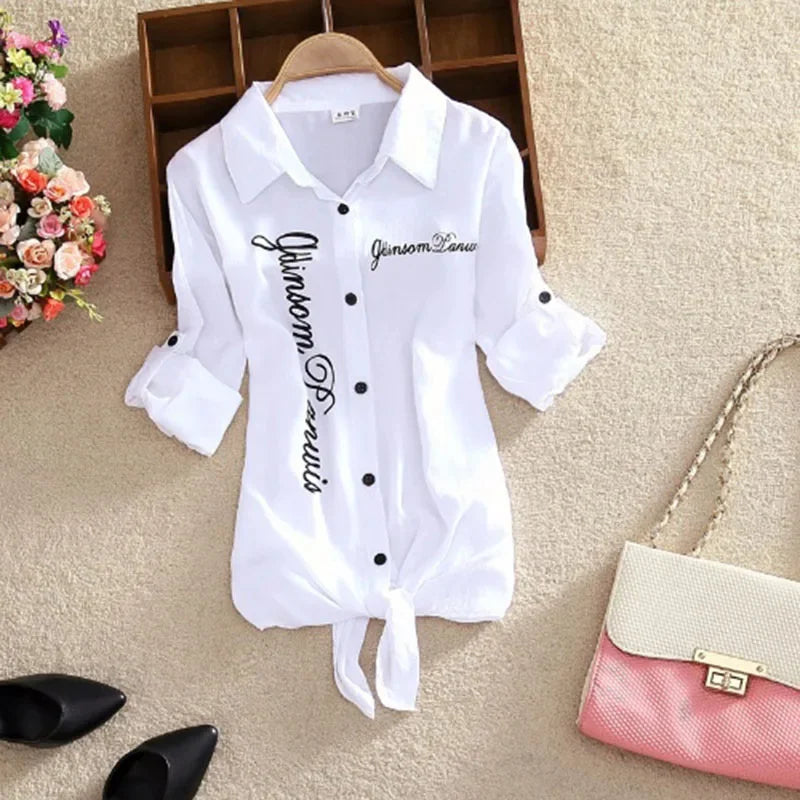 Women Spring Summer Casual Blouses Shirts Lady Long Sleeve Turn-down Collar Bow Tie Decor Loose Basics Shirts Tops - Matrix-studios.com