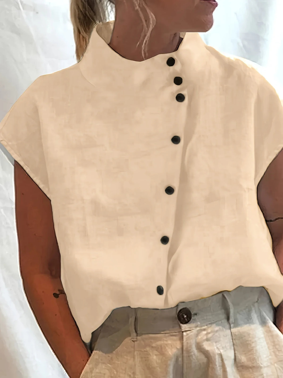 Summer Cotton Short Sleeve Blouse Women 2025 Fashion Button Stand Collar Loose Shirts And Blouses Tops Casual - Matrix-studios.com