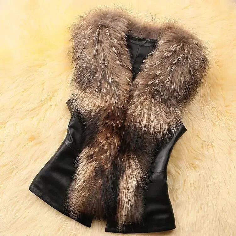 Women Leather Jacket Fur Collar Stitching Simulation Leather Oversized Raccoon Autumn Winter Solid Color Sleeveless Vest Coat - Matrix Studios