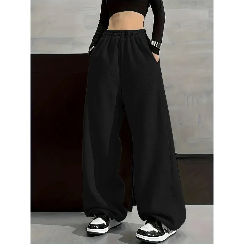 Solid Color Comfortable Wide Leg Pants with Elastic Waist Pocket, Casual Loose Fit for Autumn and Winter - Matrix-studios.com