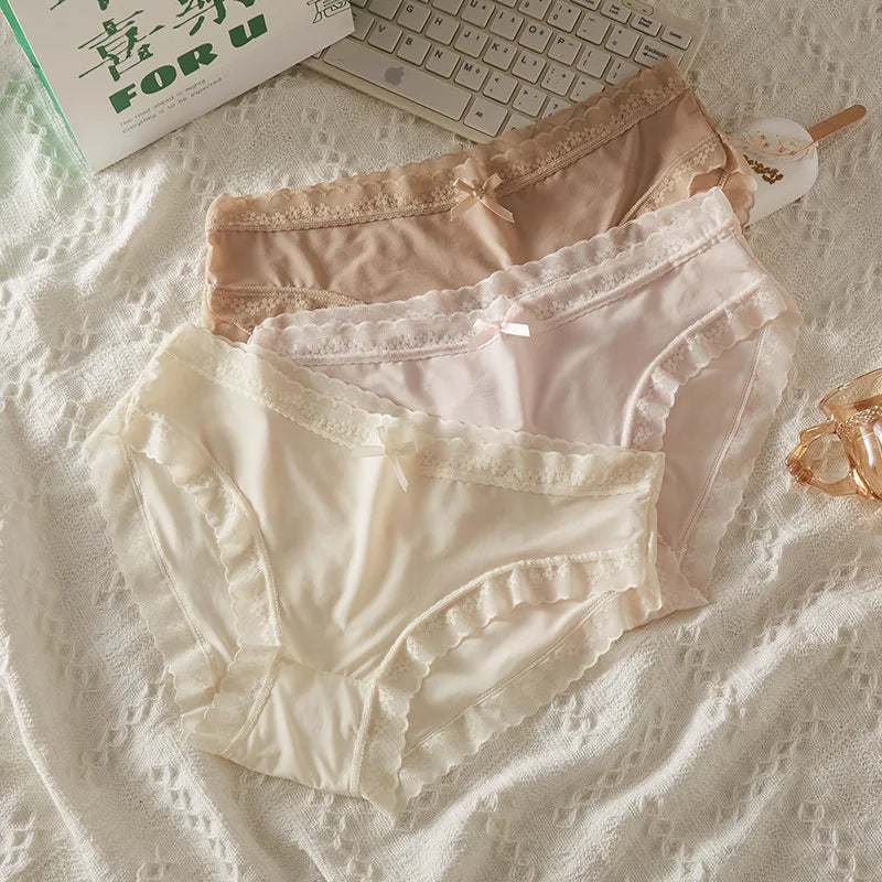 4 PCS/PACK Solid Color Women's Panties Mid-Waist Breathable Comfort Sexy Antibacterial Lace Innerwear - Matrix Studios