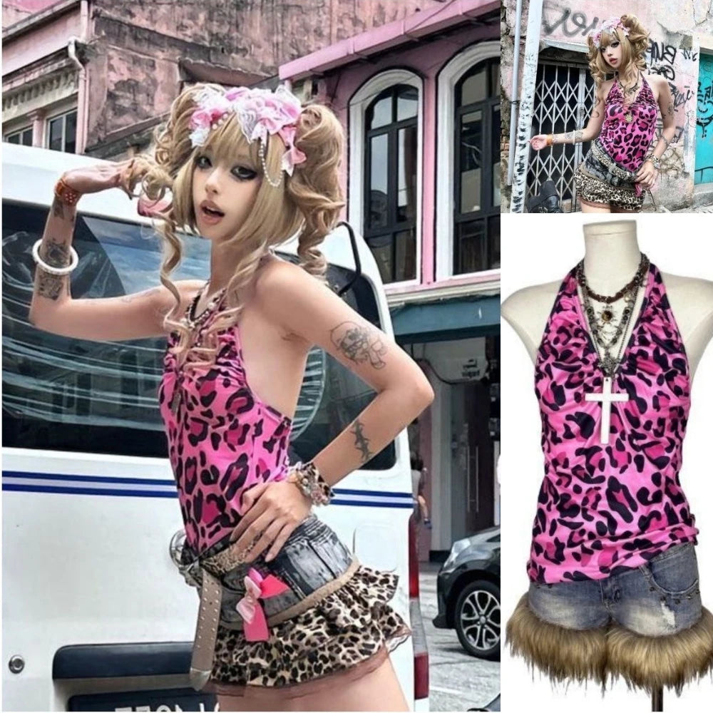 2000s American Vintage Sexy Leopard Camis Y2k Harajuku Slim Lace Patchwork Tanks Summer Streetwear Beach Party Sleeveless Tops - Matrix-studios.com