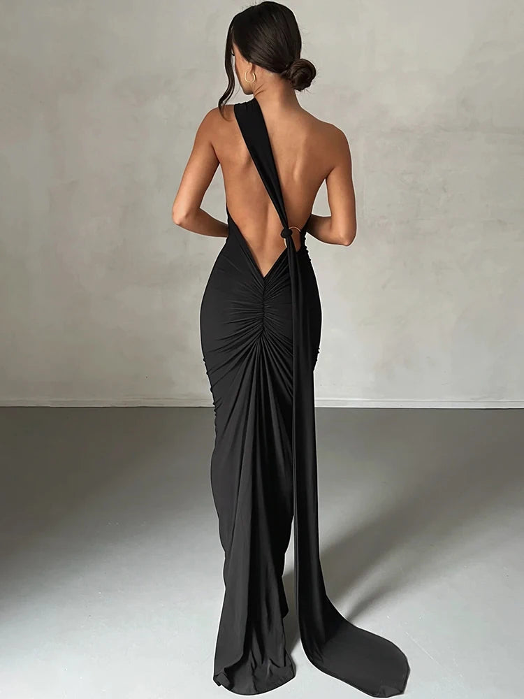 Hugcitar One Shoulder Backless Adjustable Scarf Loop Ruched Sexy Maxi Dress Women Elegant Y2K Streetwear Festival Outfit - Matrix-studios.com