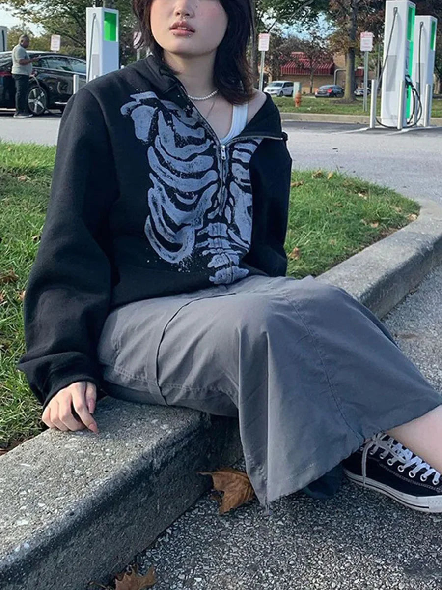 Halloween Women Spring Autumn Casual Hooded Coat Long Sleeve Skull Print Zipper Hoodie Grunge Long Sleeve Top Gothic Sweatshirt - Matrix Studios
