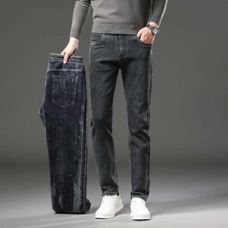 Winter Fleece Thick Warm Jeans Men's Slim Straight Elastic Denim Pants Casual Male Clothing Fashion Plush Trousers - Matrix Studios