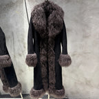 Suede Coat Fur Collar Women Autumn Genuine Sheepskin Coat Long with Mongfolian Fur Trim - Matrix Studios