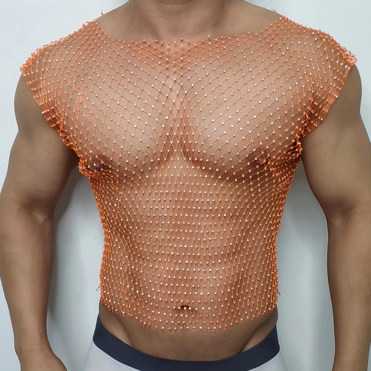 Men Sexy Tank Tops Fishnet Rhinestone Shiny Hollow Vest Man Mesh See-Through Sleeveless T-Shirt Transparent Clothing - Matrix Studios