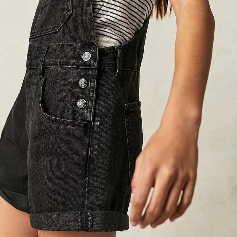 Y2K Vintage Black Denim Rompers Women Sleeveless High Waist Jeans Playsuits Korean Fashion Chic Jumpsuits Overalls Baggy Shorts - Matrix Studios