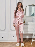 Solid Pajama Set Long Sleeve Button Up Lapel Top & Pants Pj Set Women's Sleepwear & Loungewear - Matrix-studios.com